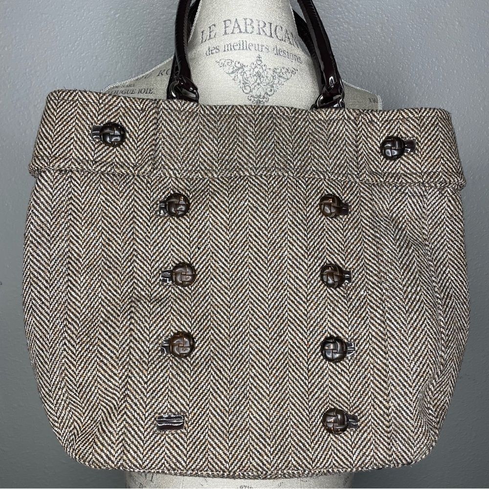 Braciano Tweed Brown Tan Tote Handbag With Buttons